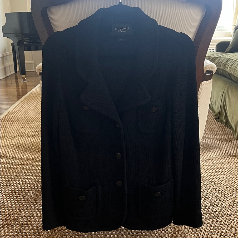 St. John Caviar Black Knit Blazer with Patch Pockets
